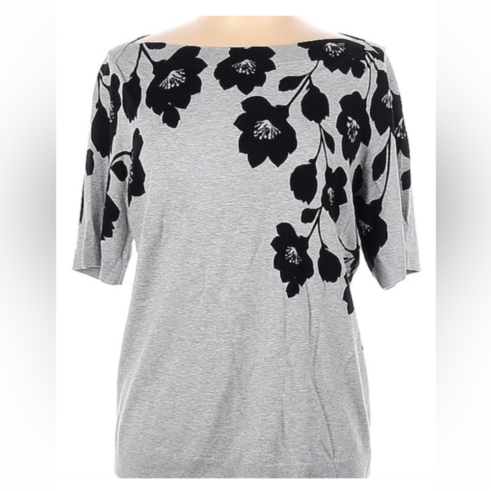 Talbots Black Floral on Gray Short Sleeve Top